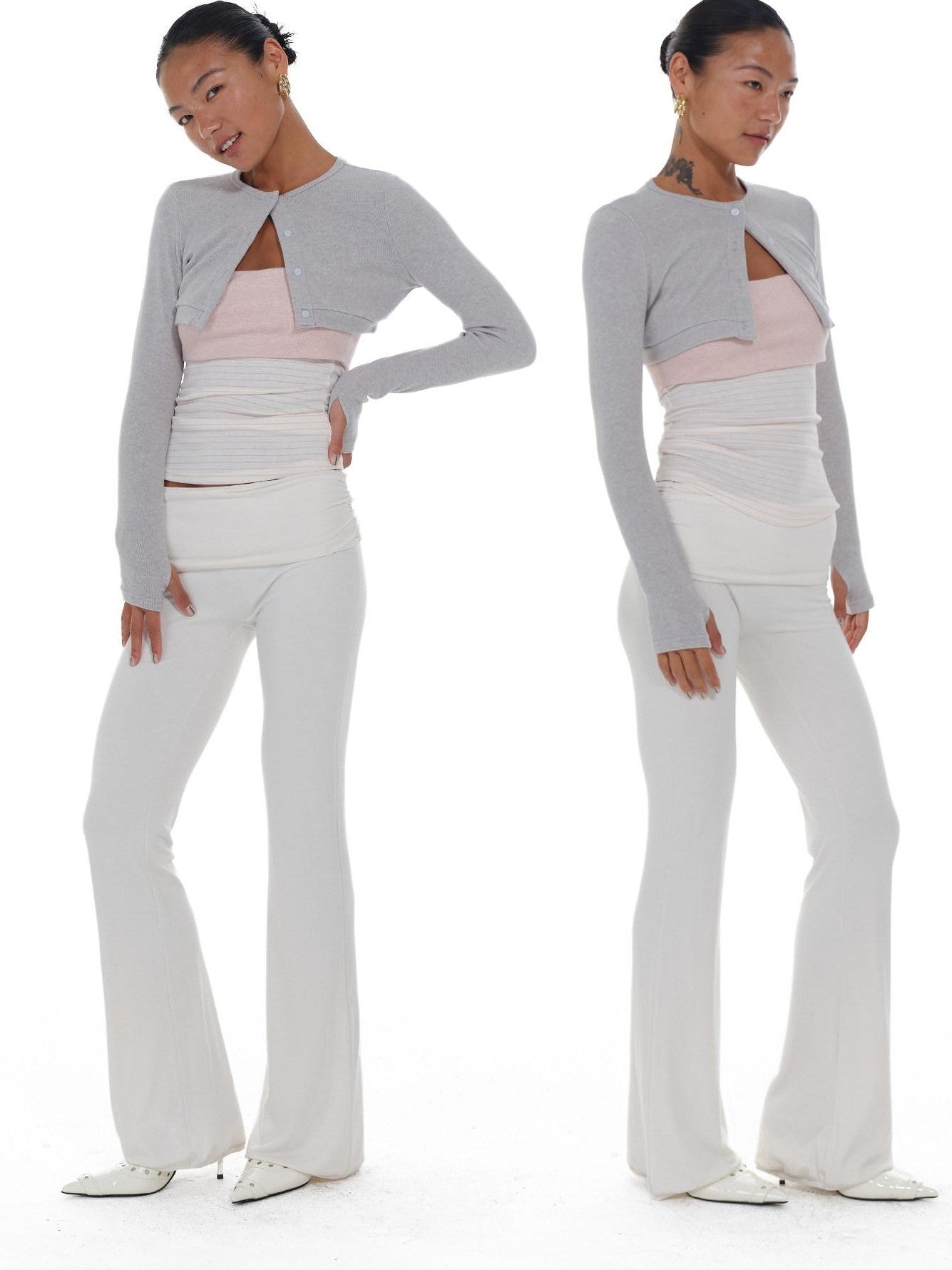 innerflow Gray Pink Striped Spliced Cropped Slim Two Piece Set Women&