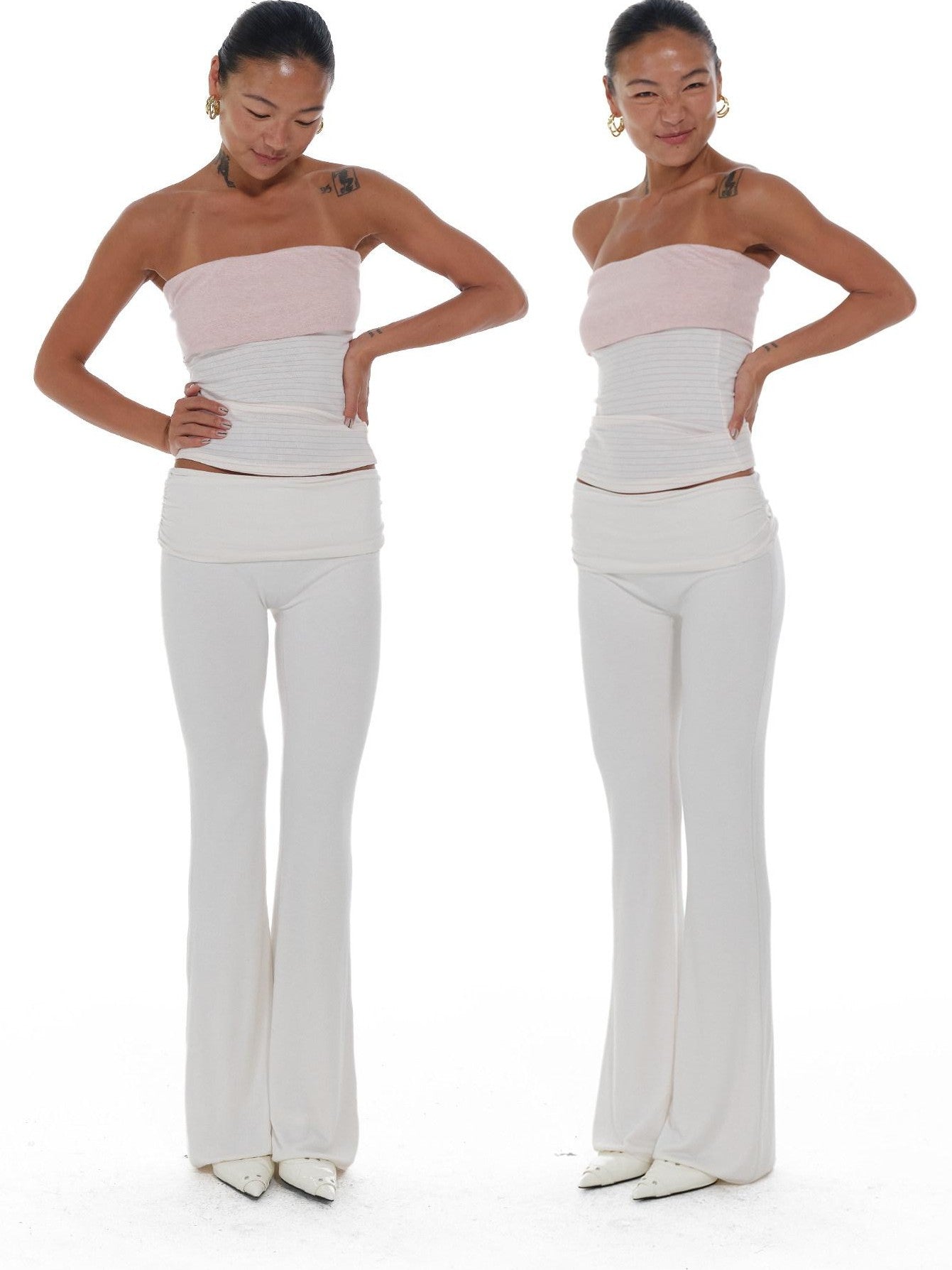 innerflow Gray Pink Striped Spliced Cropped Slim Two Piece Set Women&