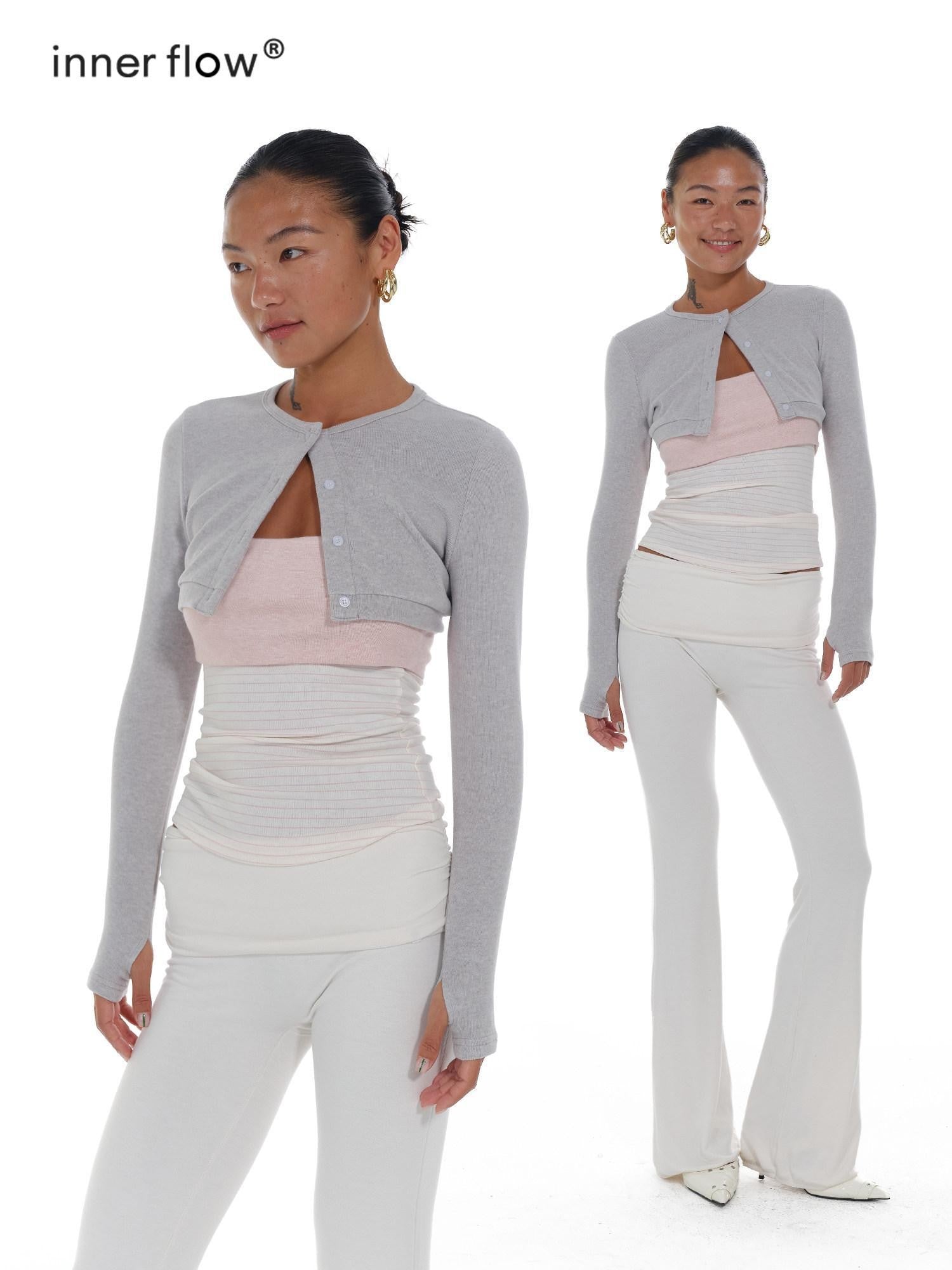 innerflow Gray Pink Striped Spliced Cropped Slim Two Piece Set Women&