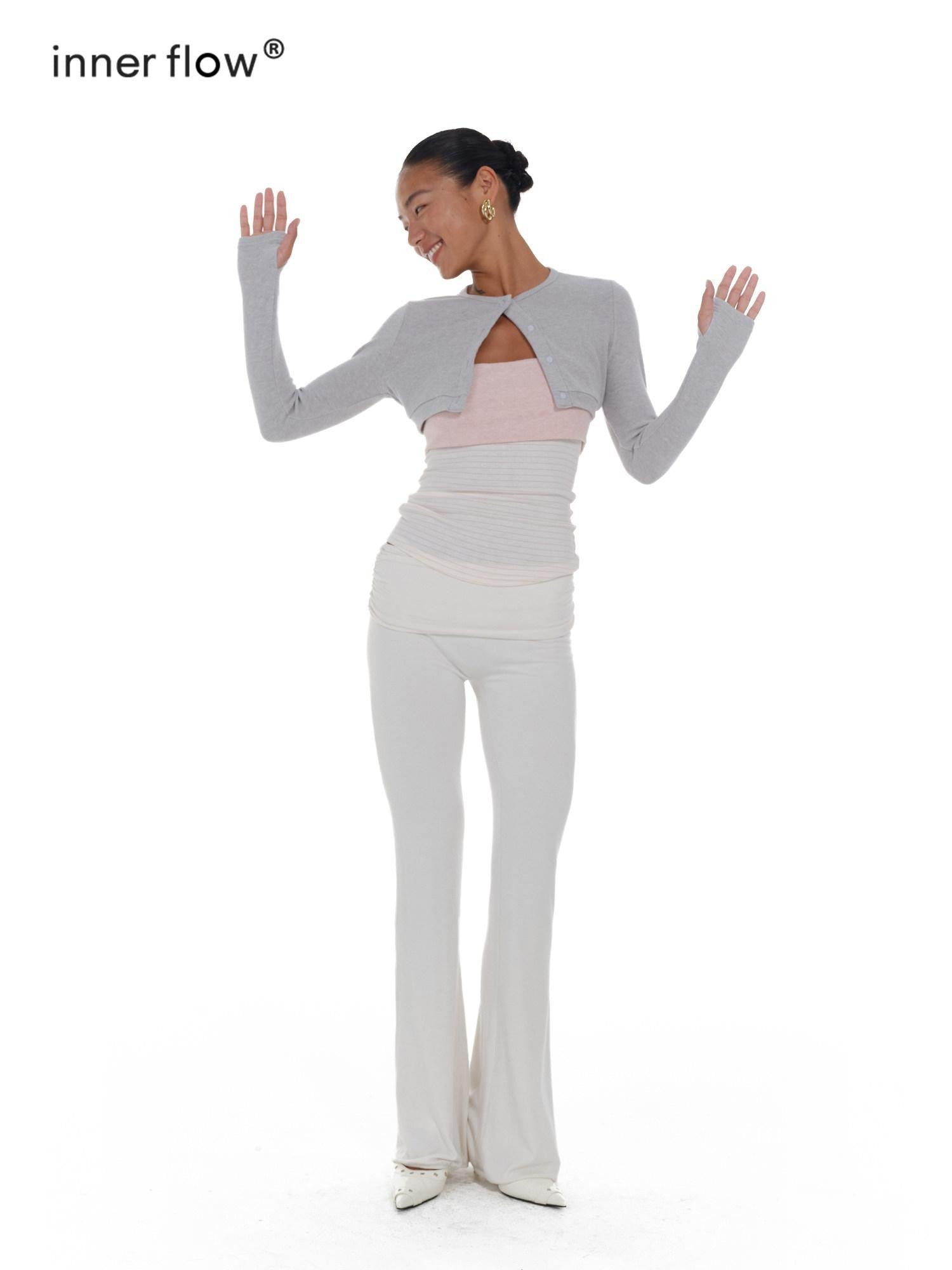 innerflow Gray Pink Striped Spliced Cropped Slim Two Piece Set Women&
