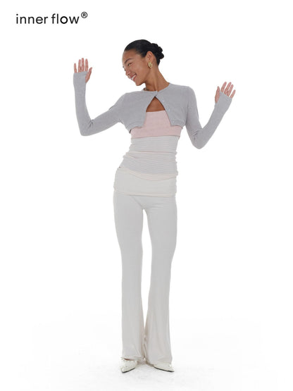innerflow Gray Pink Striped Spliced Cropped Slim Two Piece Set Women&
