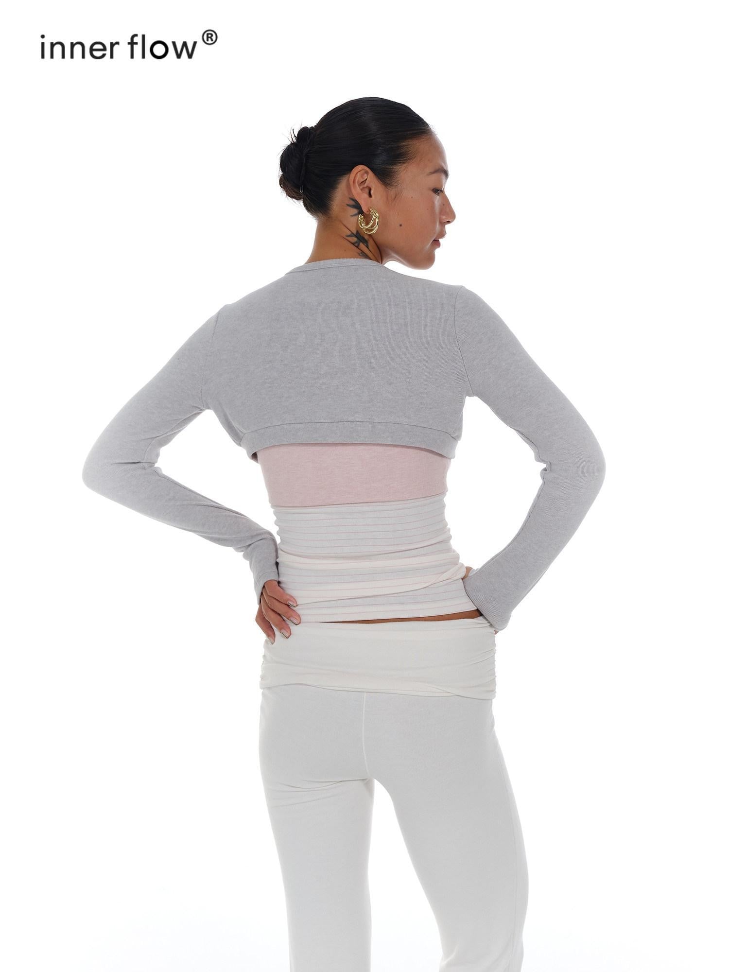 innerflow Gray Pink Striped Spliced Cropped Slim Two Piece Set Women&