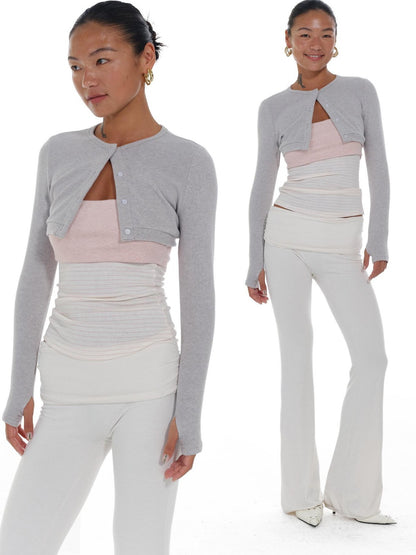 innerflow Gray Pink Striped Spliced Cropped Slim Two Piece Set Women&
