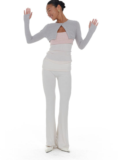 innerflow Gray Pink Striped Spliced Cropped Slim Two Piece Set Women&