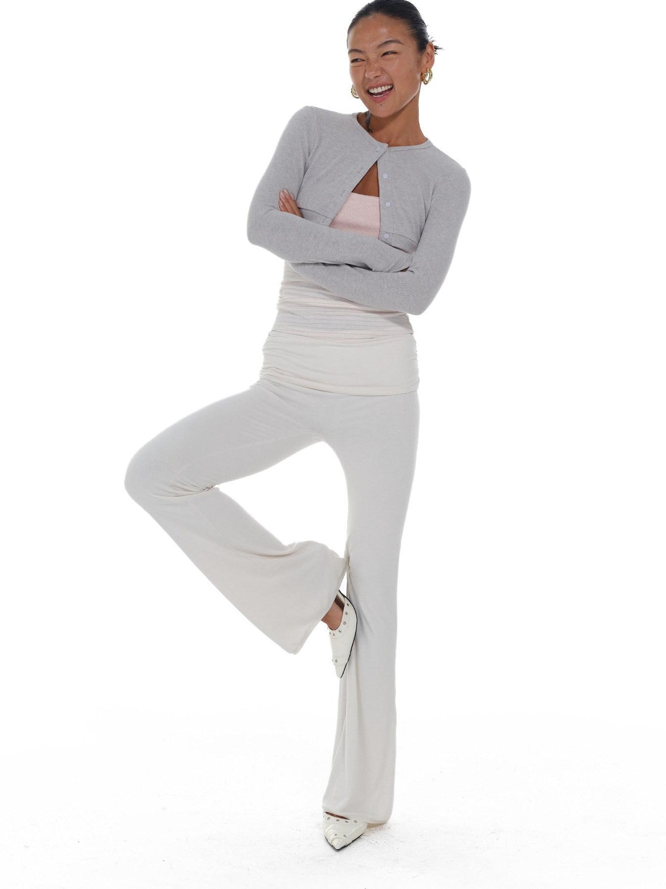 innerflow Gray Pink Striped Spliced Cropped Slim Two Piece Set Women&