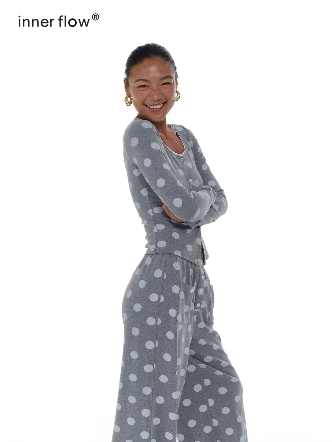 innerflow Gray Polka Dot Cardigan Camisole Women&