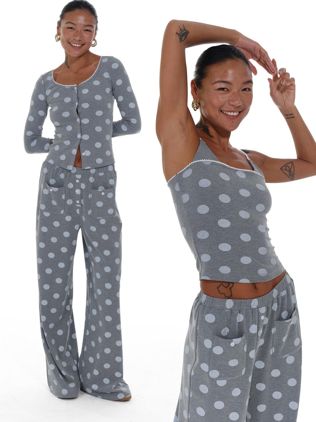 innerflow Gray Polka Dot Cardigan Camisole Women&