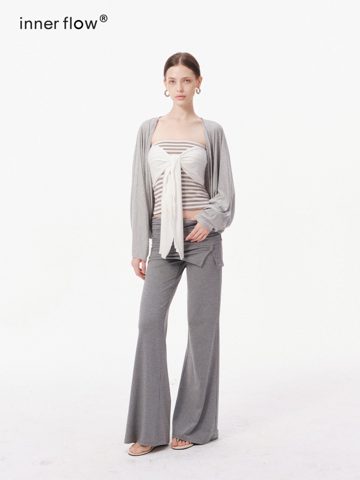 innerflow Gray Striped Bustier Cardigan High Waist Women&