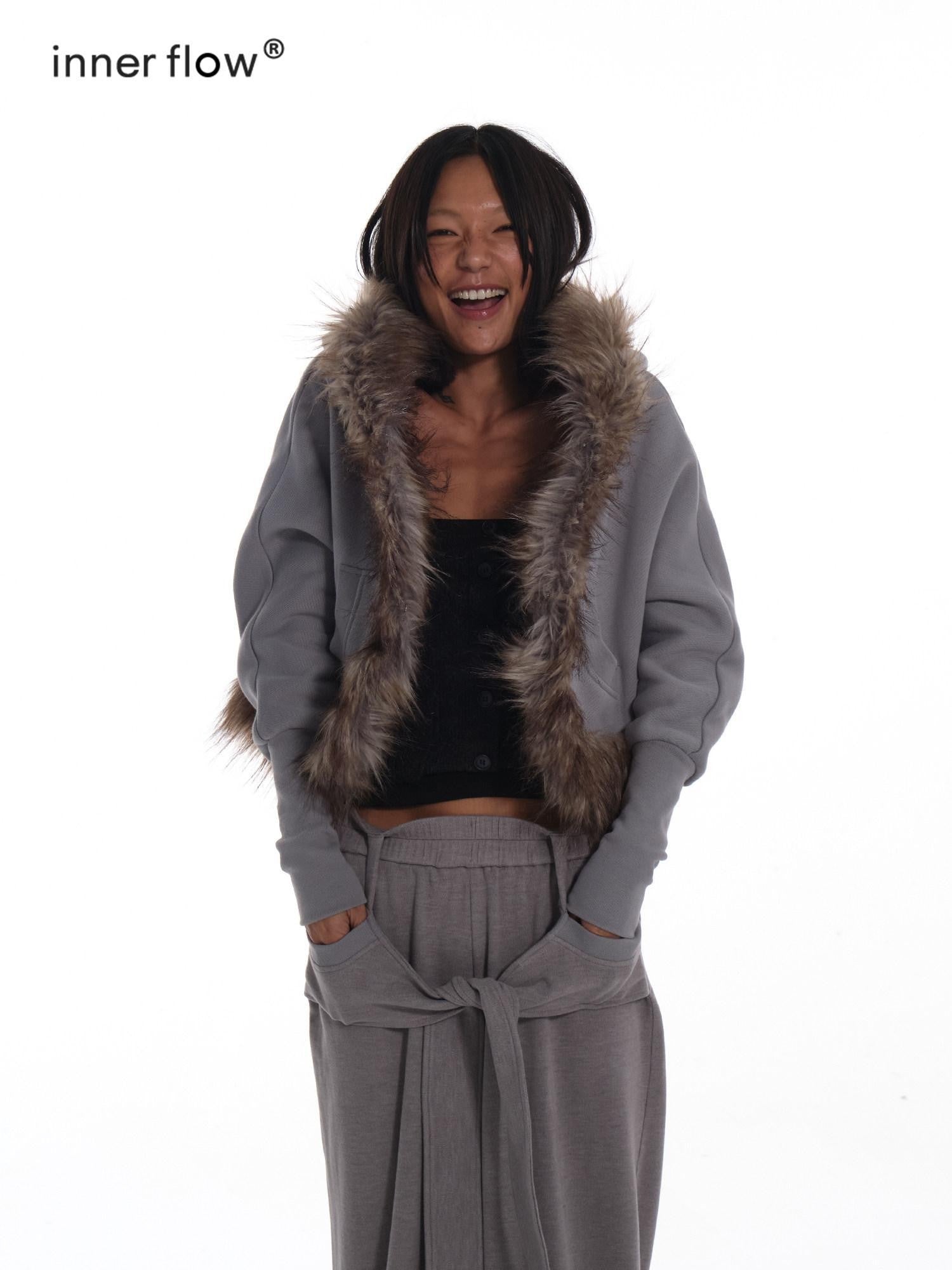 innerflow Grey Hooded Eco Fur Trim Fleece Lined Women&