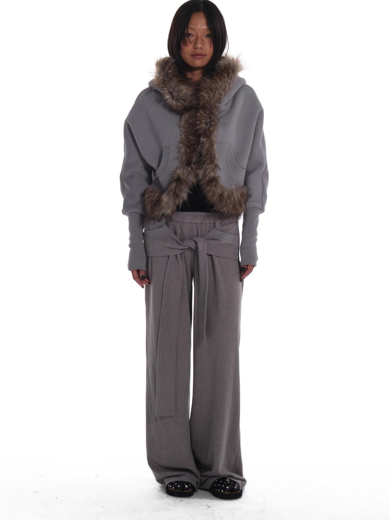 innerflow Grey Hooded Eco Fur Trim Fleece Lined Women&