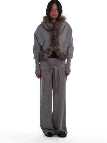 innerflow Grey Hooded Eco Fur Trim Fleece Lined Women&