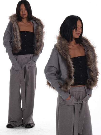 innerflow Grey Hooded Eco Fur Trim Fleece Lined Women&