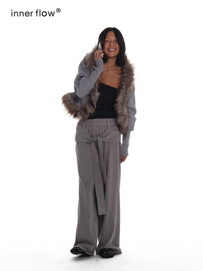 innerflow Grey Hooded Eco Fur Trim Fleece Lined Women&