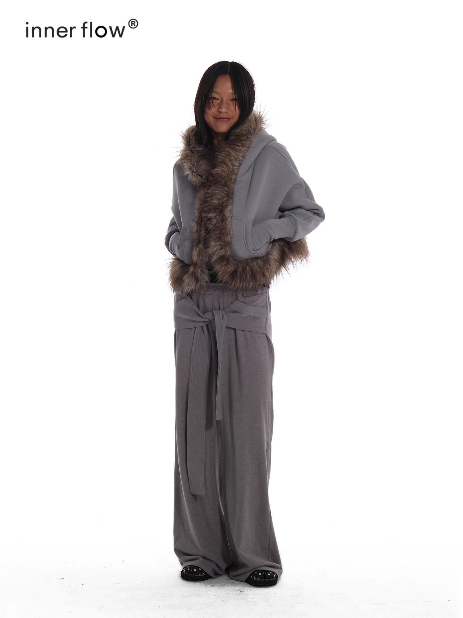 innerflow Grey Hooded Eco Fur Trim Fleece Lined Women&