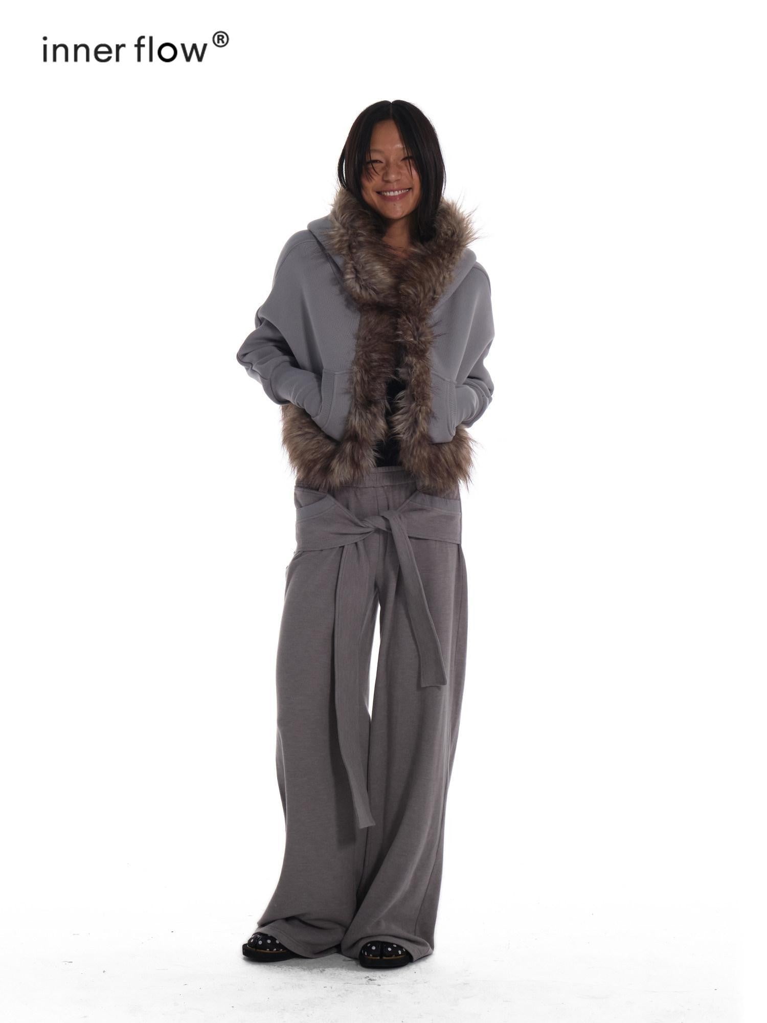 innerflow Grey Hooded Eco Fur Trim Fleece Lined Women&