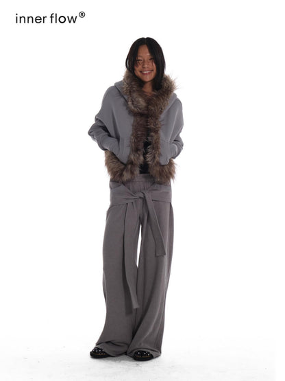 innerflow Grey Hooded Eco Fur Trim Fleece Lined Women&