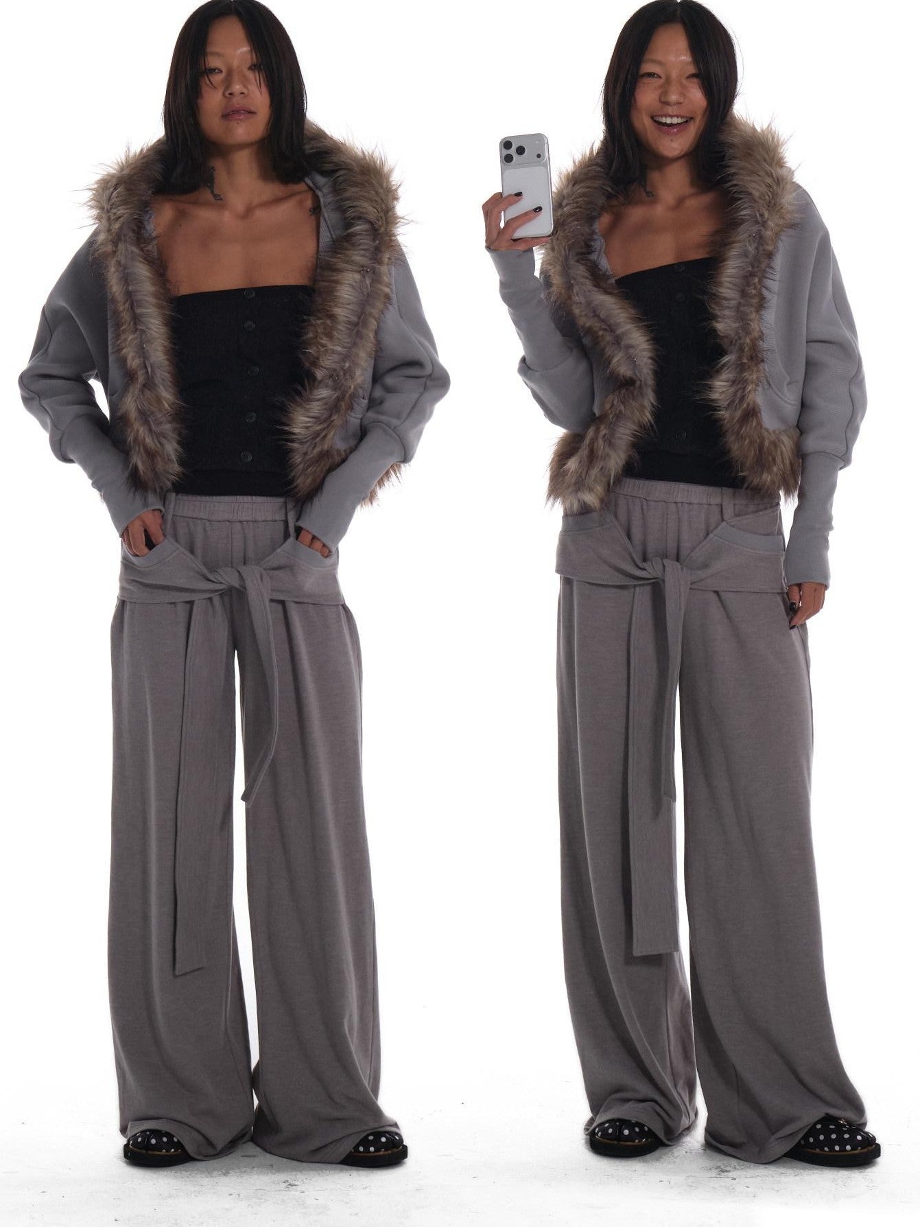 innerflow Grey Hooded Eco Fur Trim Fleece Lined Women&