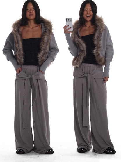 innerflow Grey Hooded Eco Fur Trim Fleece Lined Women&