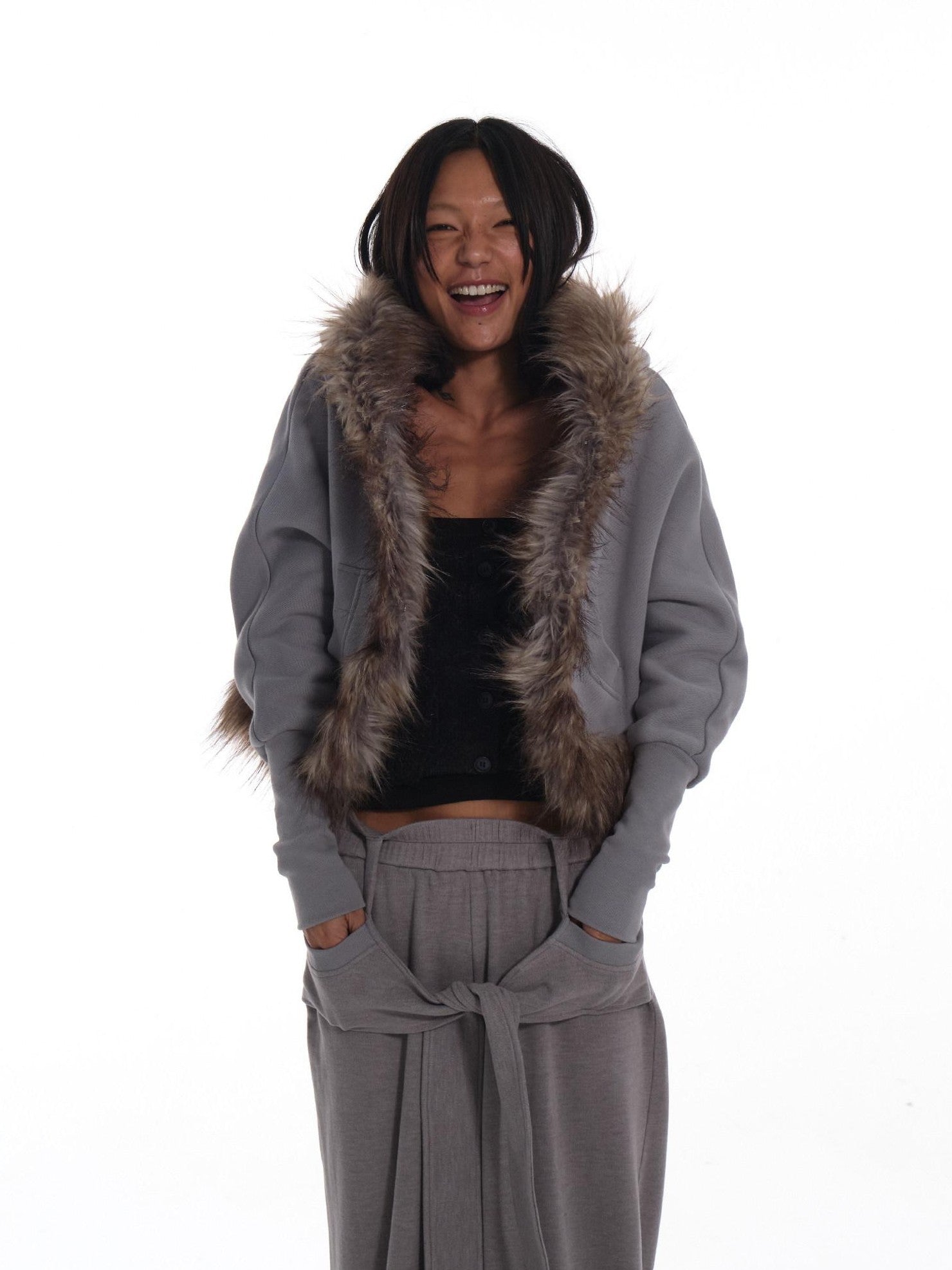 innerflow Grey Hooded Eco Fur Trim Fleece Lined Women&