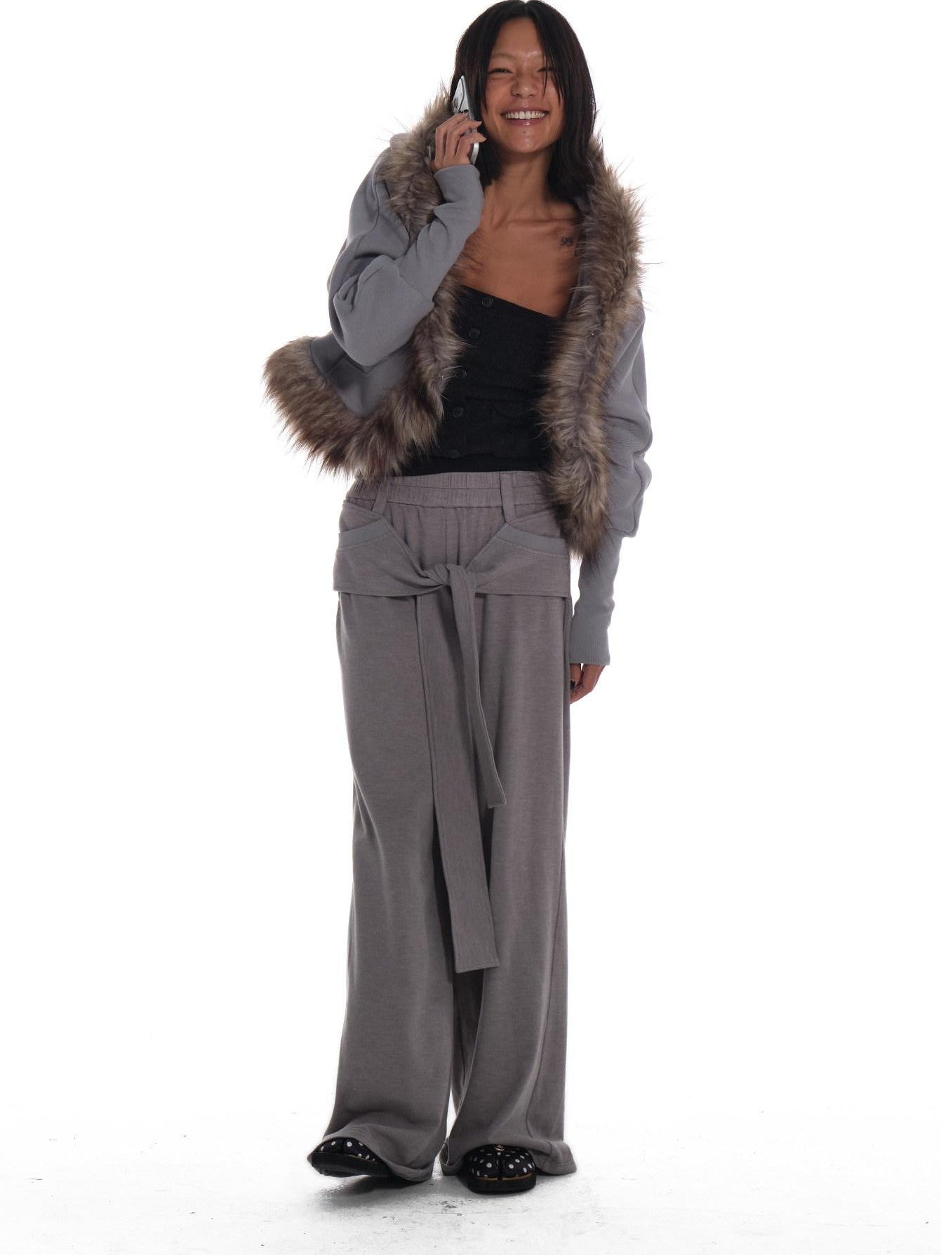 innerflow Grey Hooded Eco Fur Trim Fleece Lined Women&