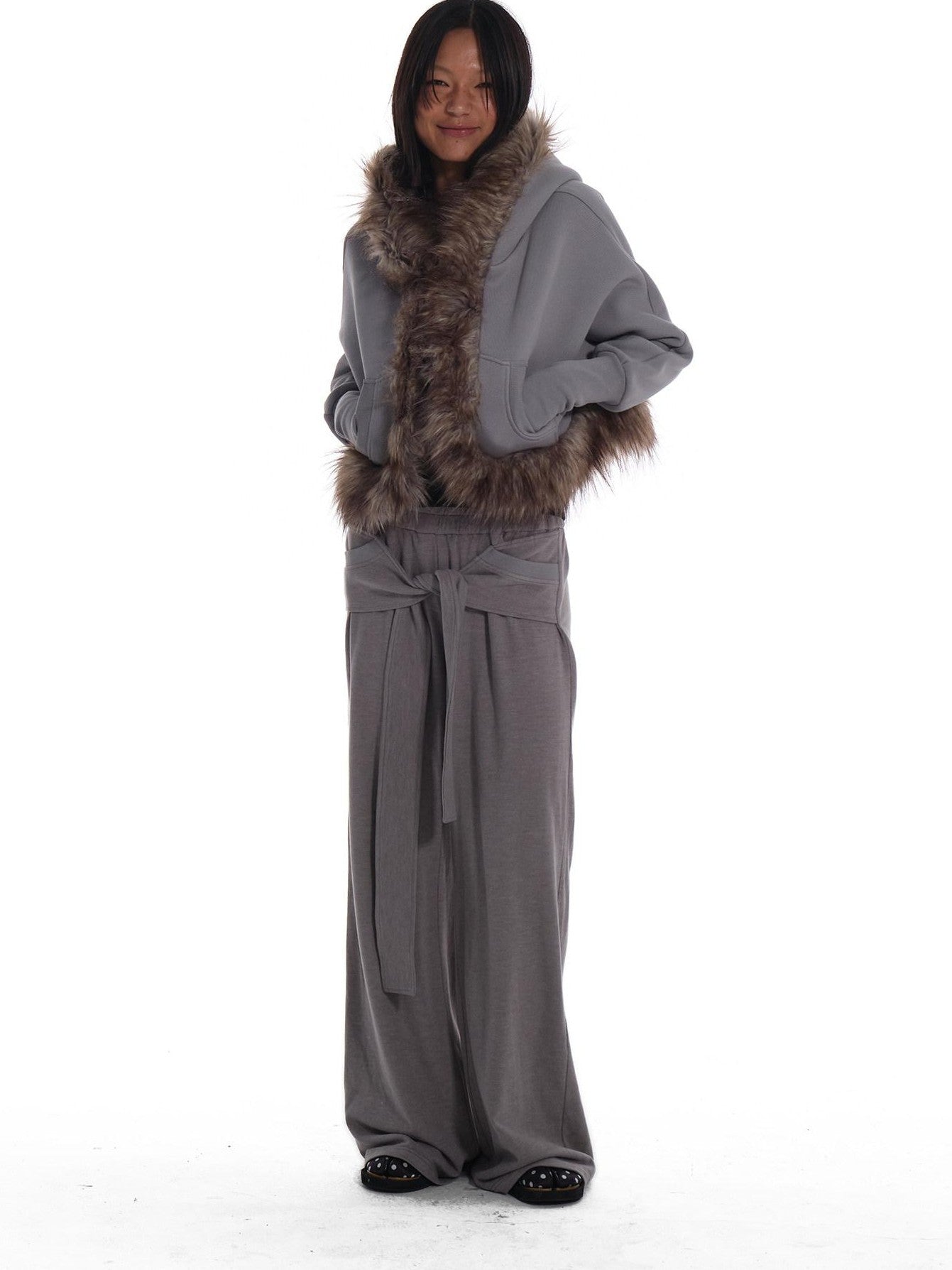 innerflow Grey Hooded Eco Fur Trim Fleece Lined Women&