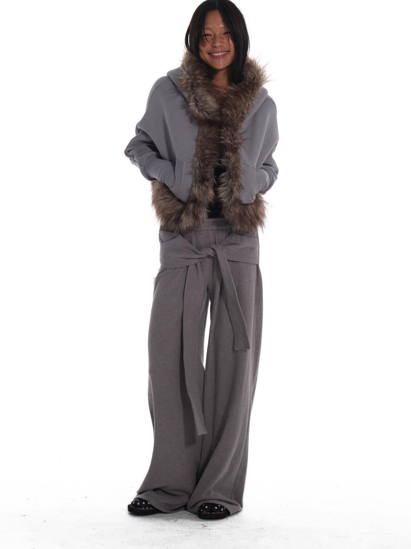 innerflow Grey Hooded Eco Fur Trim Fleece Lined Women&
