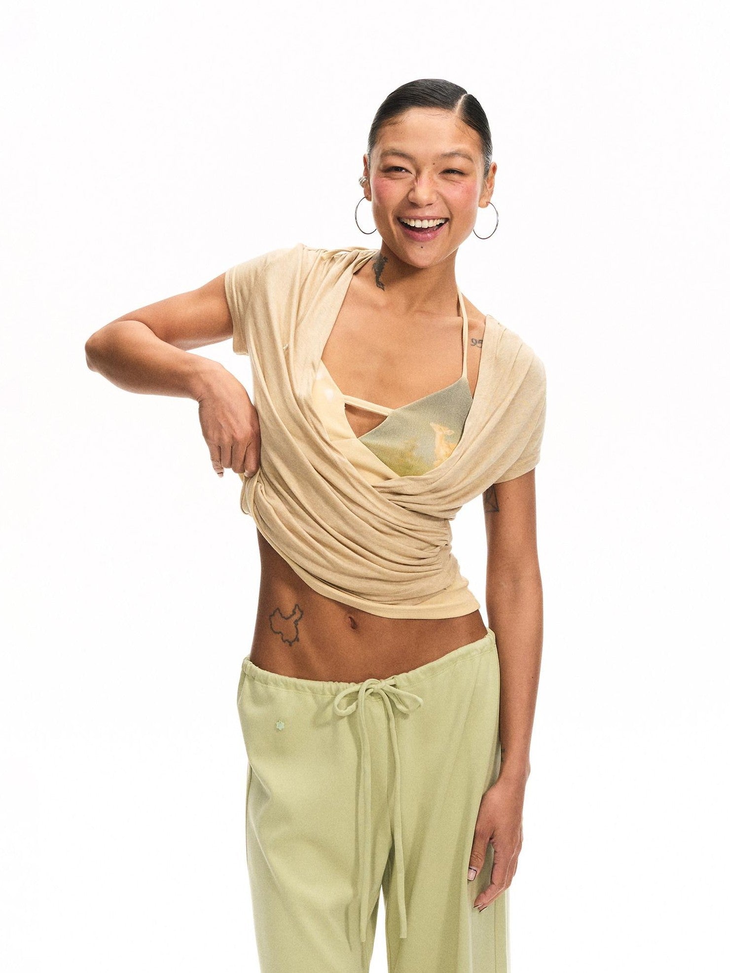 innerflow Khaki Green Deer Print Colorblock Women&