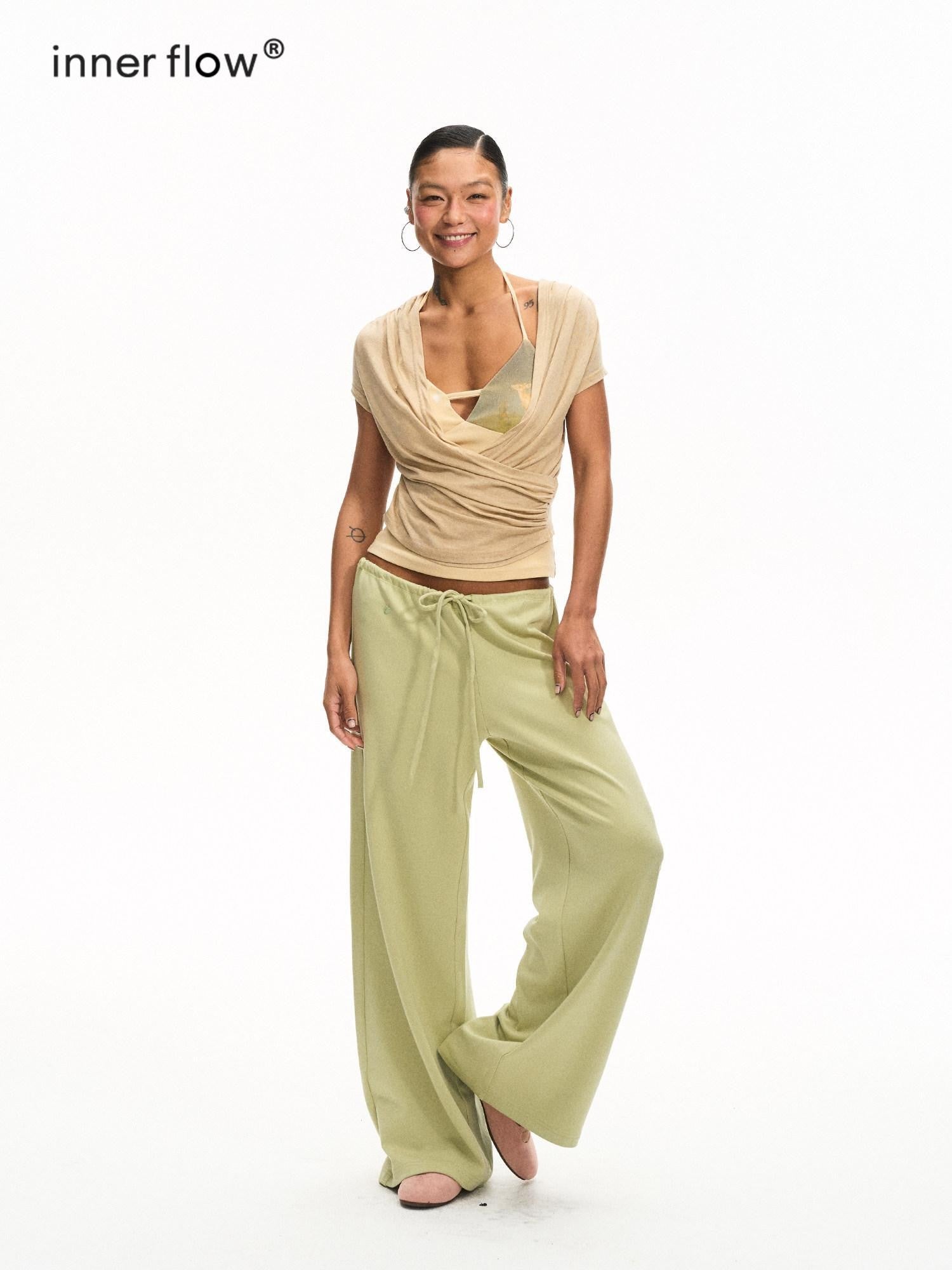 innerflow Khaki Green Deer Print Colorblock Women&