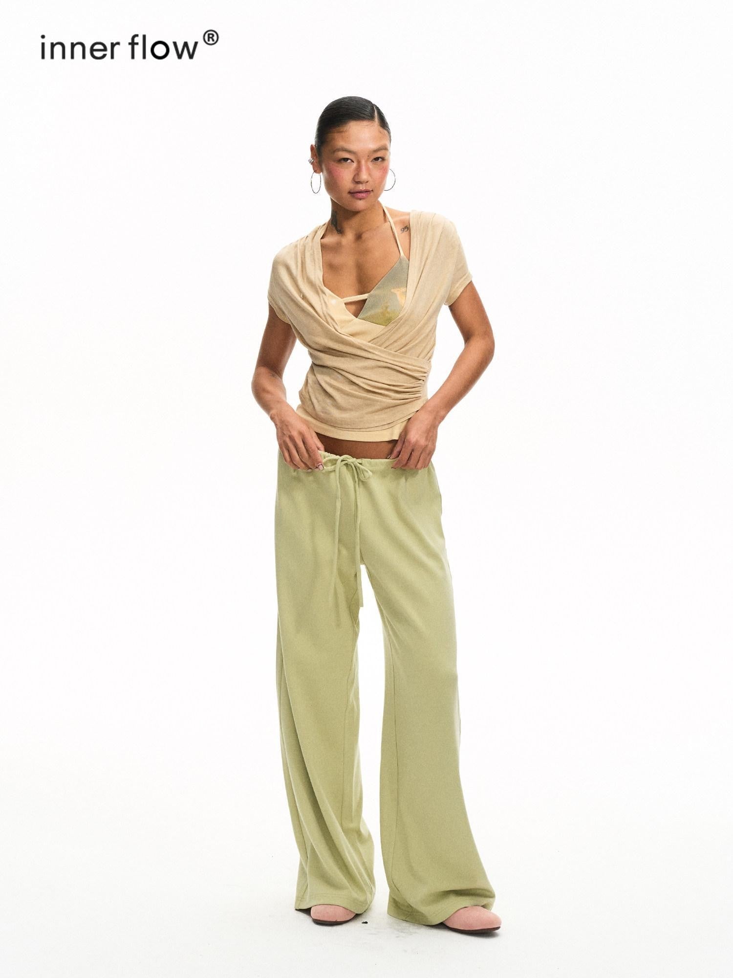 innerflow Khaki Green Deer Print Colorblock Women&