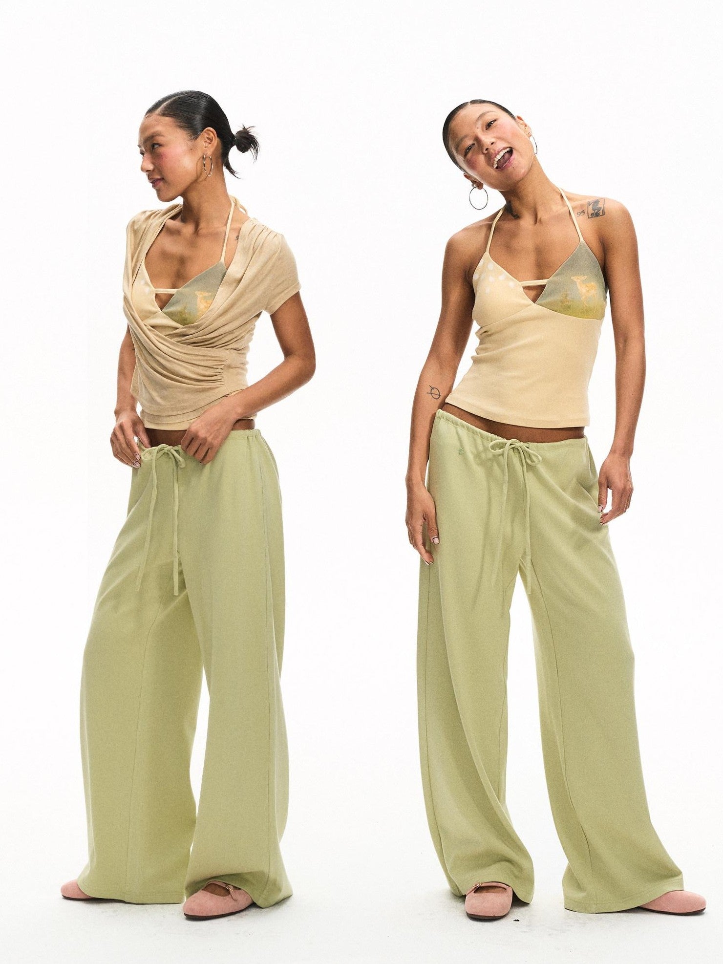 innerflow Khaki Green Deer Print Colorblock Women&