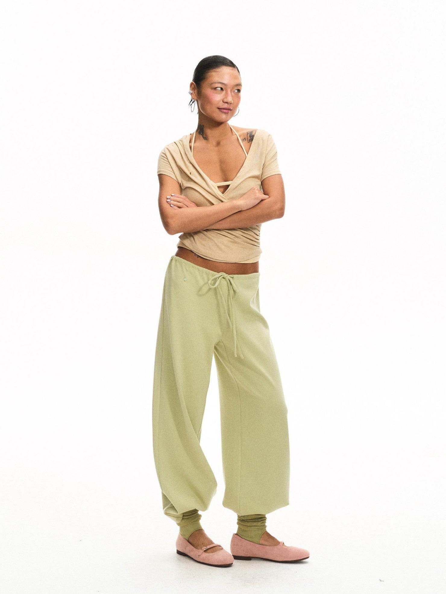 innerflow Khaki Green Deer Print Colorblock Women&