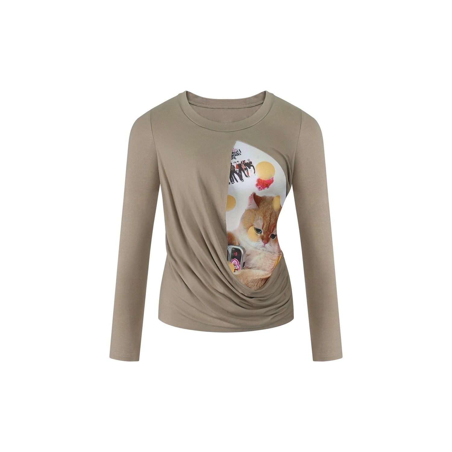 innerflow_Khaki_Pet_Print_Round_Neck_Slim_Fit_Women&