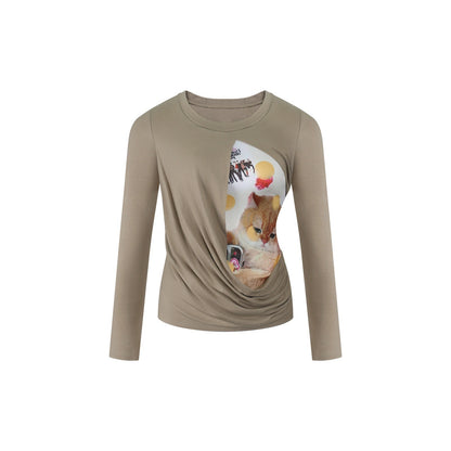 innerflow_Khaki_Pet_Print_Round_Neck_Slim_Fit_Women&