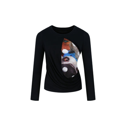innerflow_Khaki_Pet_Print_Round_Neck_Slim_Fit_Women&