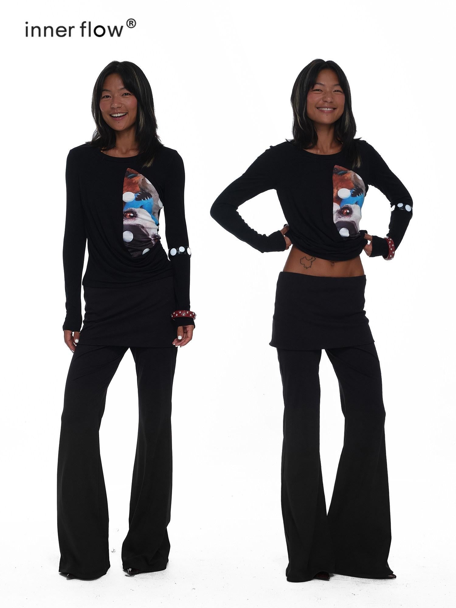 innerflow Khaki Pet Print Round Neck Slim Fit Women&