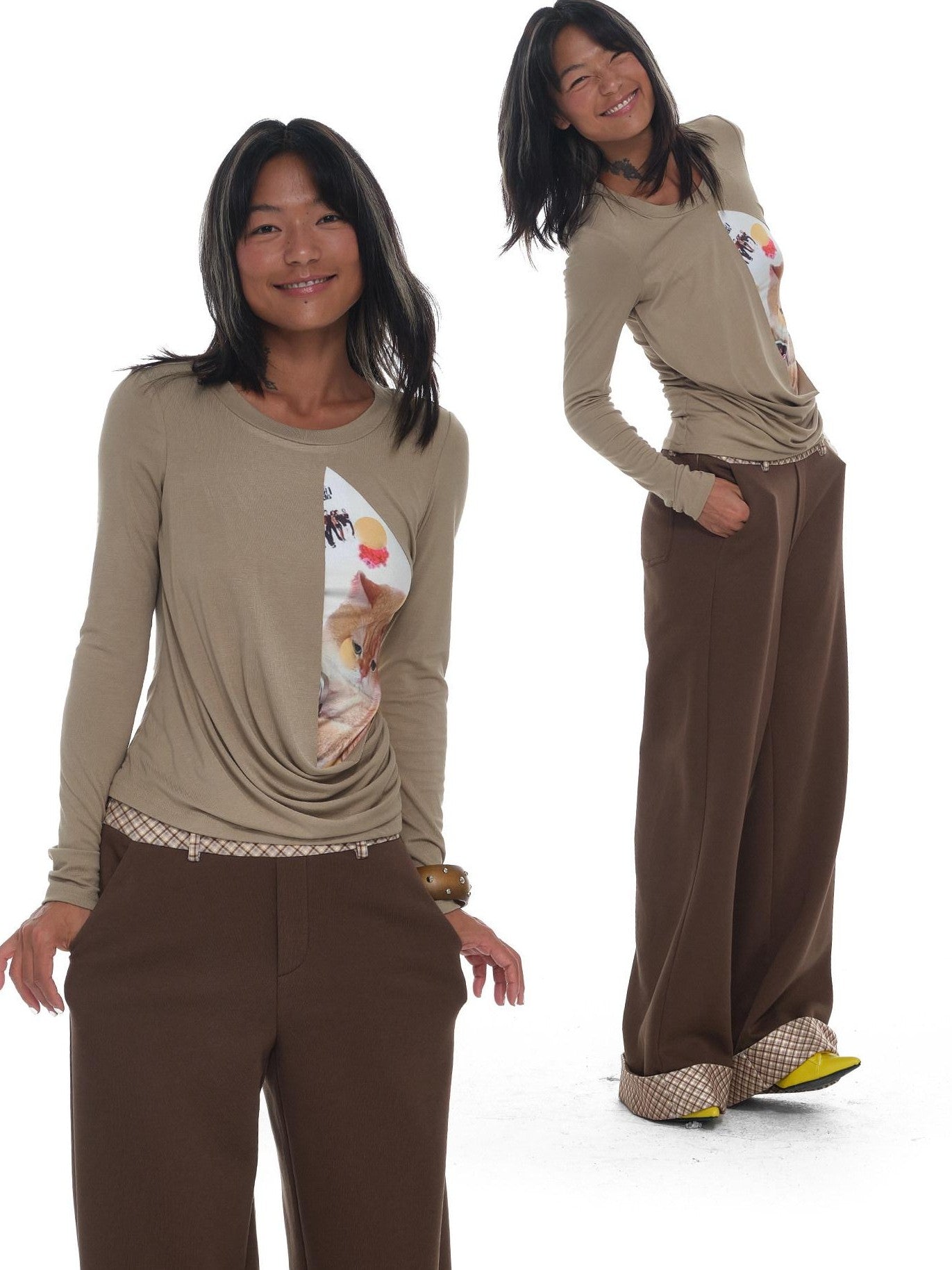 innerflow Khaki Pet Print Round Neck Slim Fit Women&
