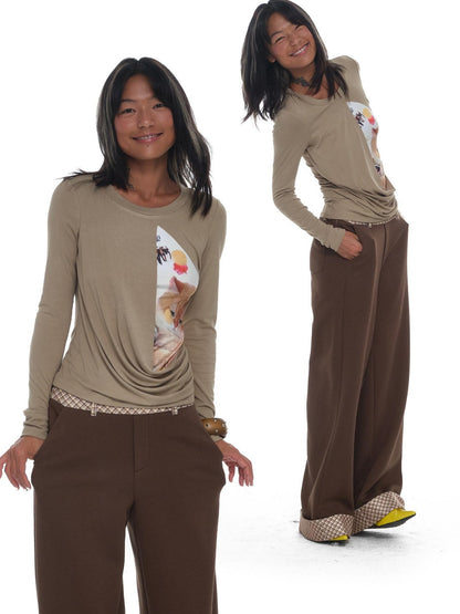 innerflow Khaki Pet Print Round Neck Slim Fit Women&