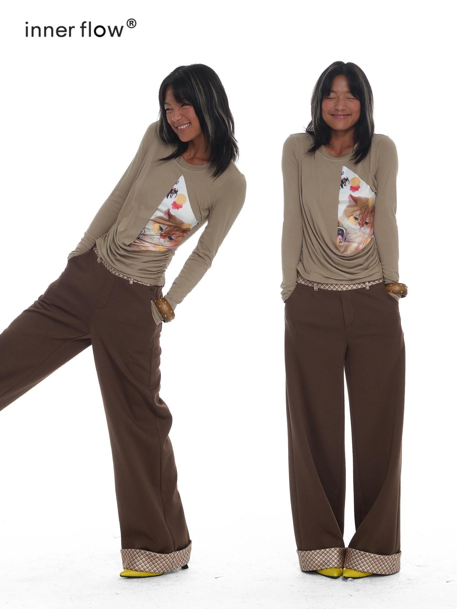 innerflow Khaki Pet Print Round Neck Slim Fit Women&