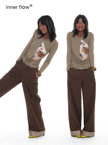 innerflow Khaki Pet Print Round Neck Slim Fit Women&