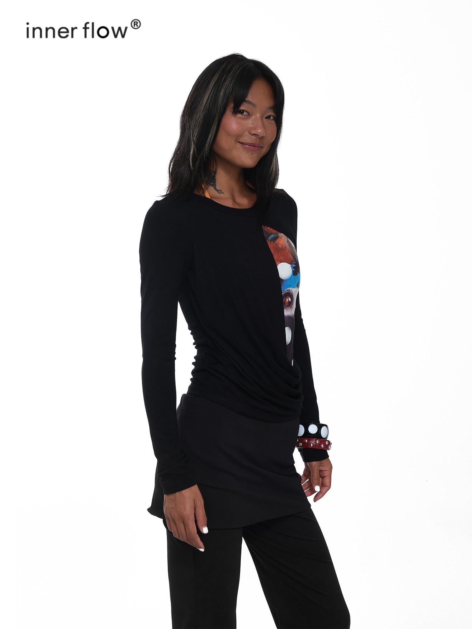 innerflow Khaki Pet Print Round Neck Slim Fit Women&