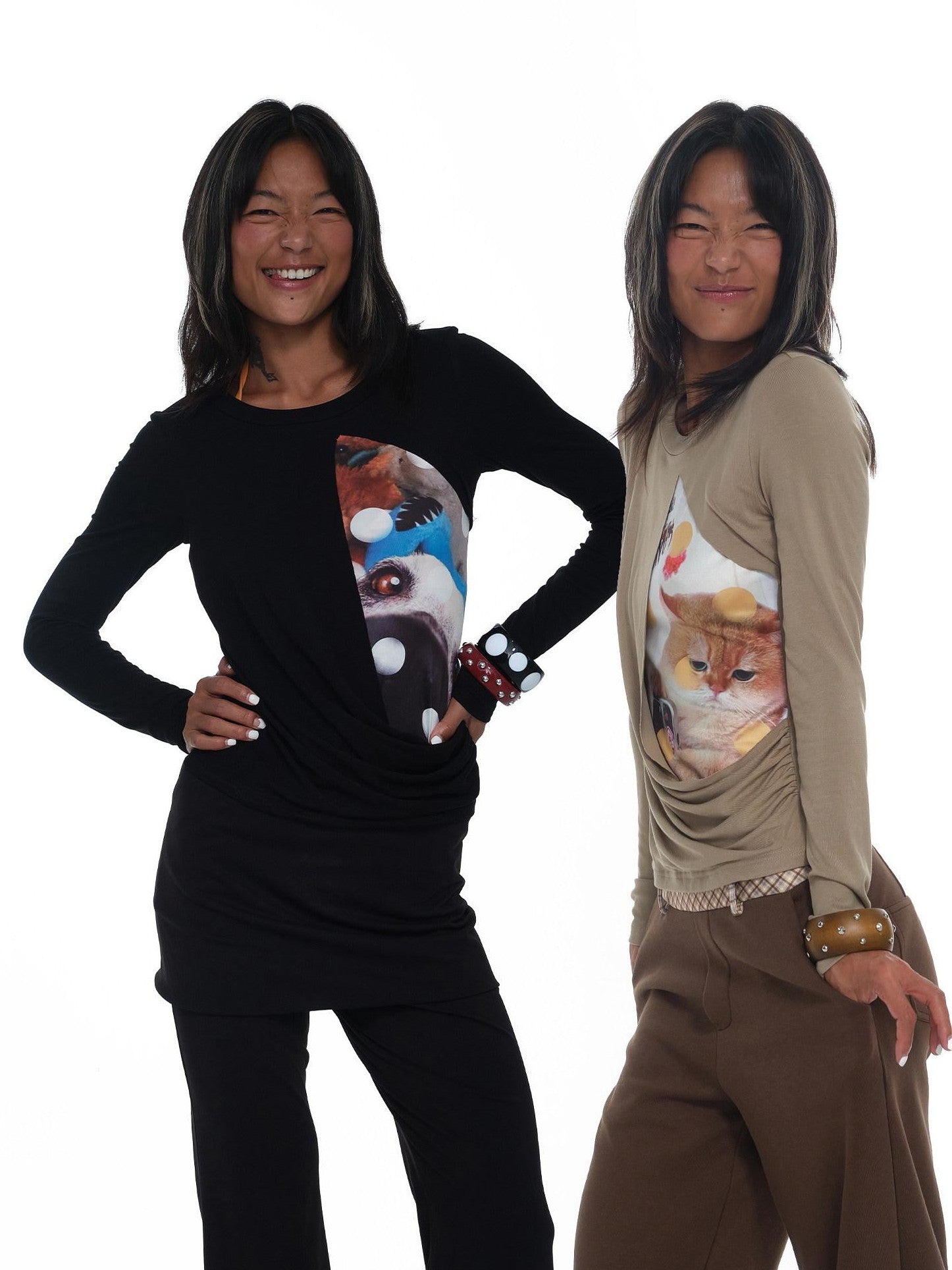 innerflow Khaki Pet Print Round Neck Slim Fit Women&