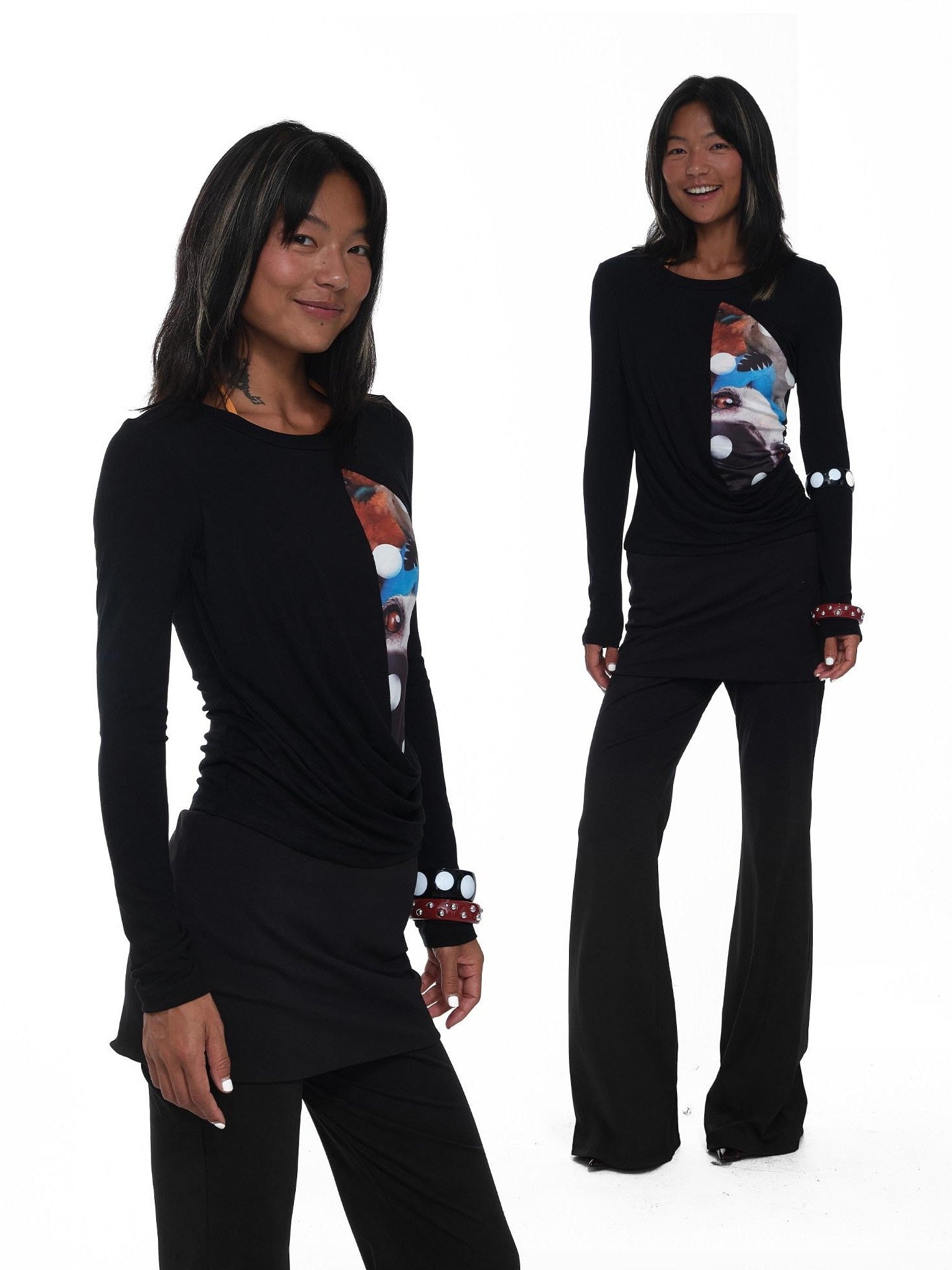 innerflow Khaki Pet Print Round Neck Slim Fit Women&