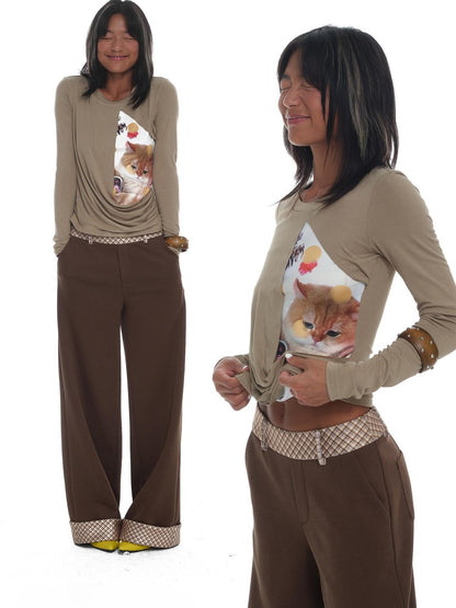 innerflow Khaki Pet Print Round Neck Slim Fit Women&
