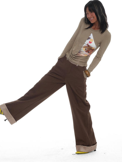 innerflow Khaki Pet Print Round Neck Slim Fit Women&