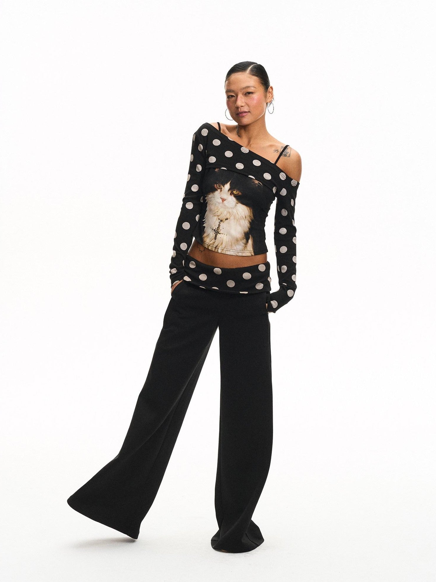 innerflow Khaki Polka Overlay Cat Cami Black Polka Pants Women&