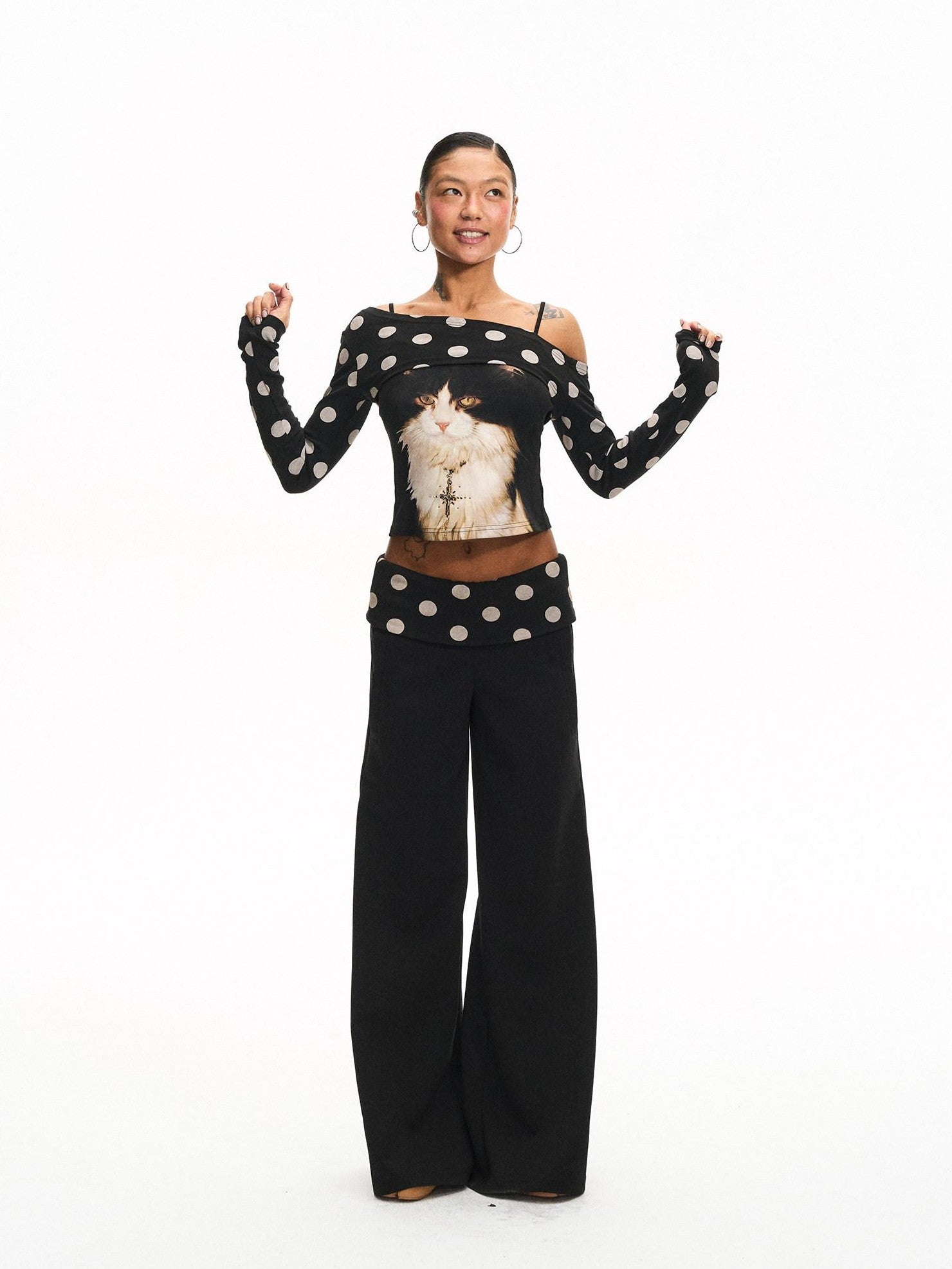 innerflow Khaki Polka Overlay Cat Cami Black Polka Pants Women&