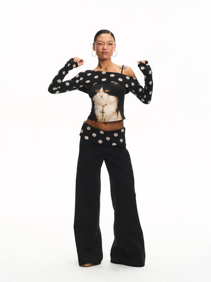 innerflow Khaki Polka Overlay Cat Cami Black Polka Pants Women&
