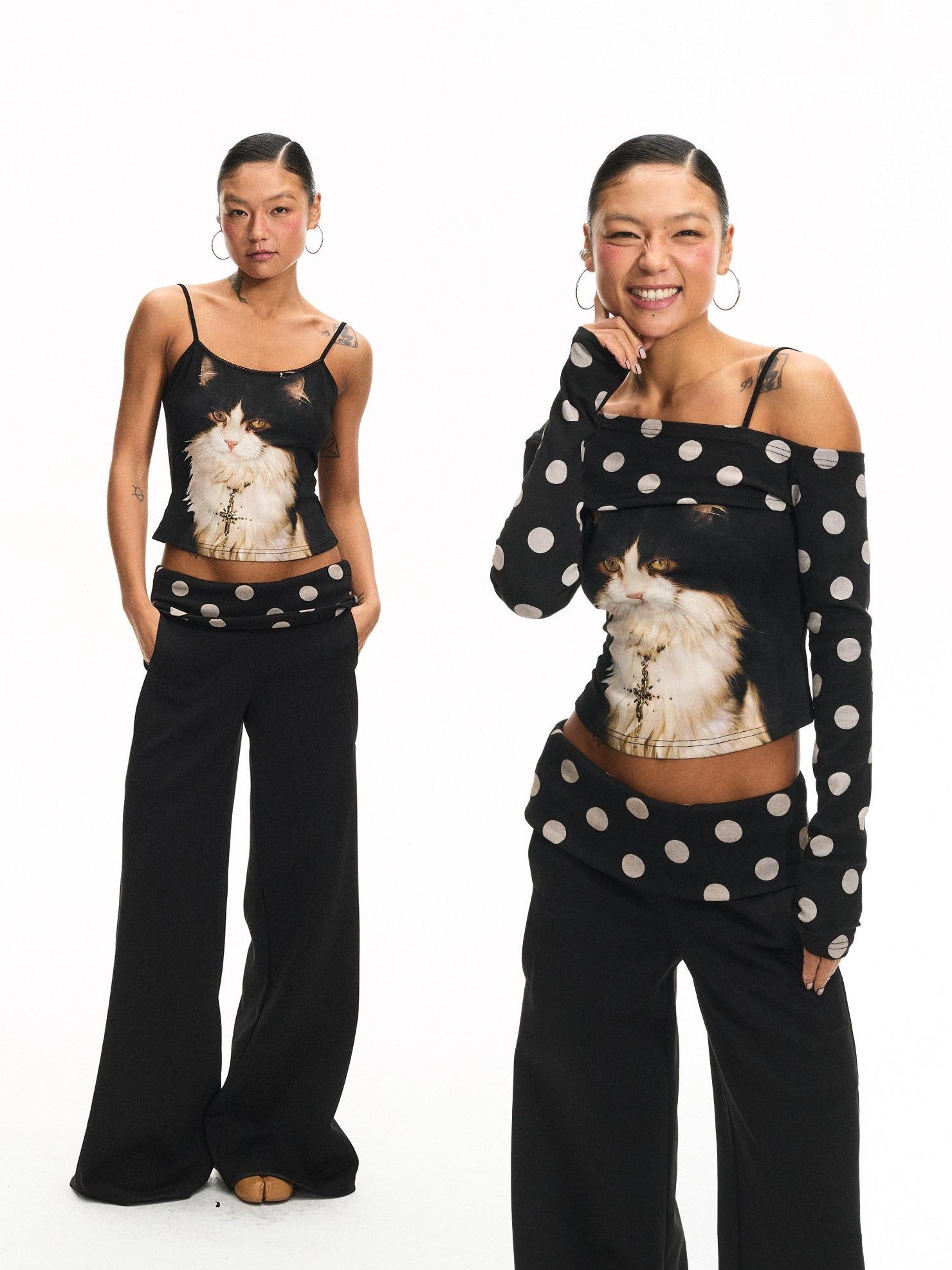 innerflow Khaki Polka Overlay Cat Cami Black Polka Pants Women&