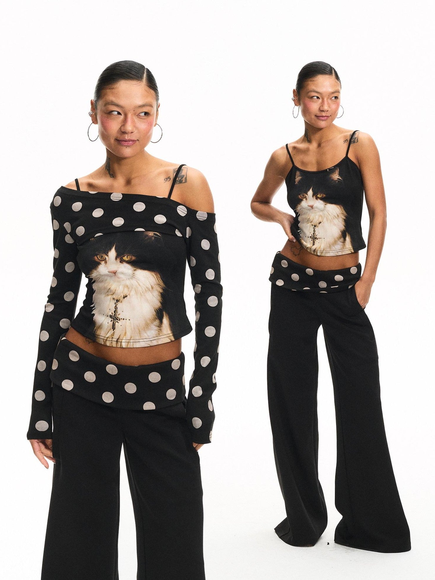 innerflow Khaki Polka Overlay Cat Cami Black Polka Pants Women&
