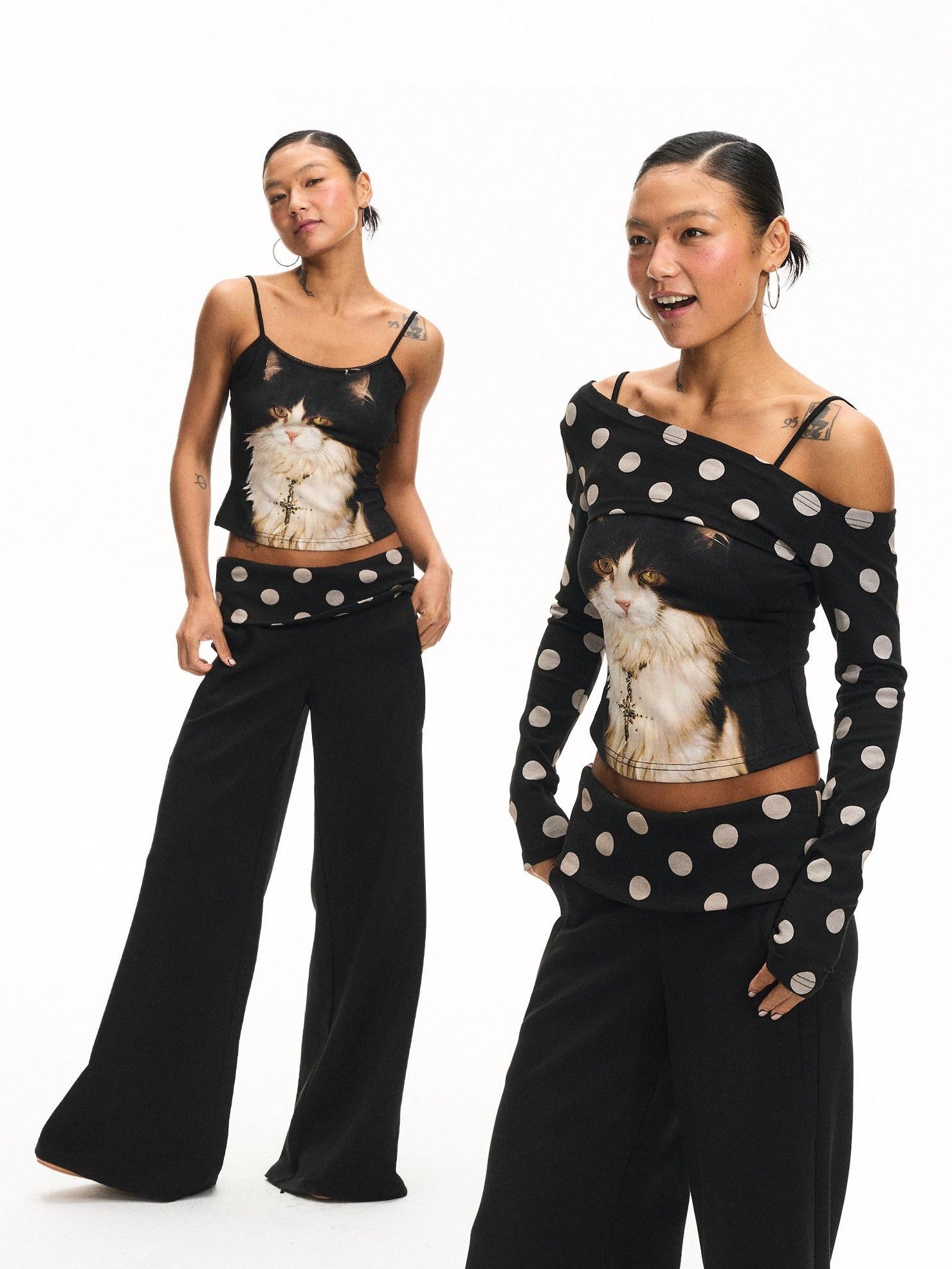 innerflow Khaki Polka Overlay Cat Cami Black Polka Pants Women&